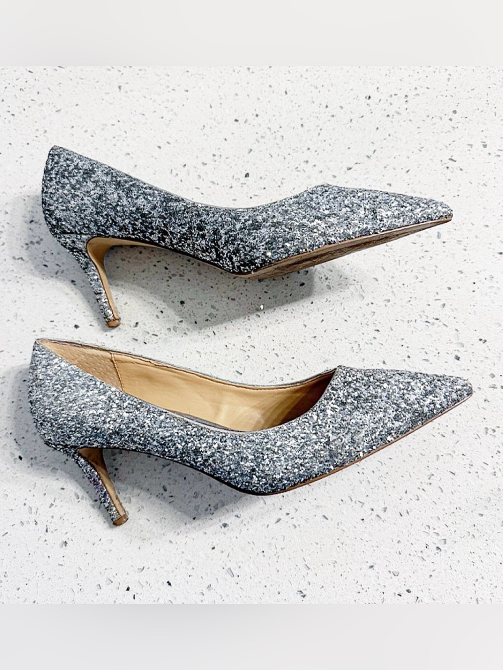 Jewel Badgley Mischka Heels Silver Glitter Size 8 Pointed Toe Pumps - Picture 6 of 12